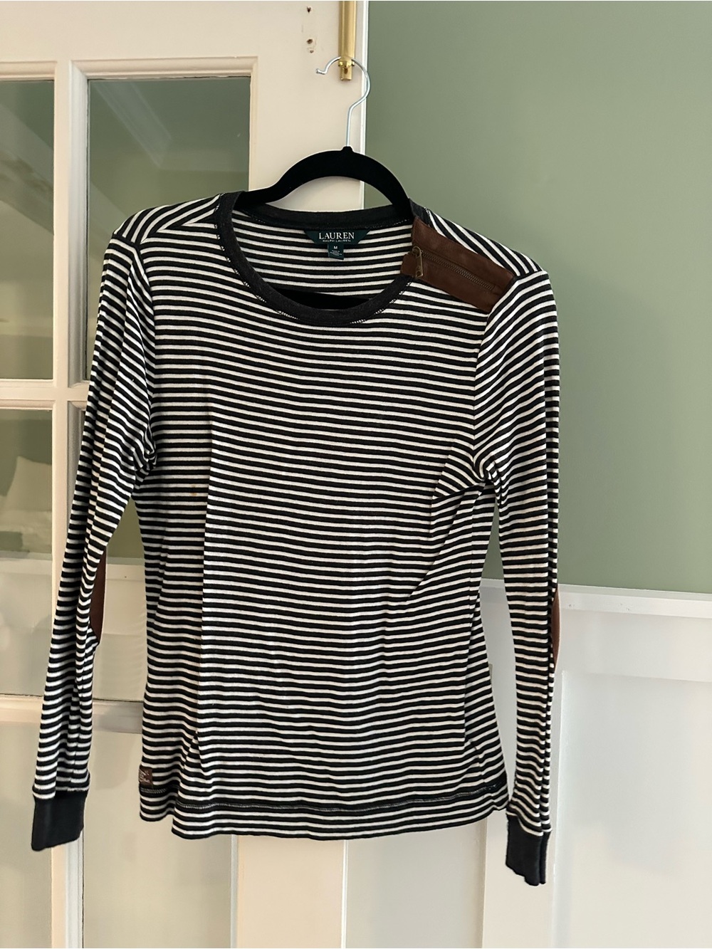 Ralph Lauren Brown and White Striped Long Sleeve Top with Brown Elbow Accents